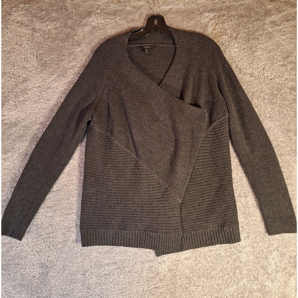 Tahari Womens Charcoal Gray 100% Merino Wool Open Front Cardigan Sweater Large
